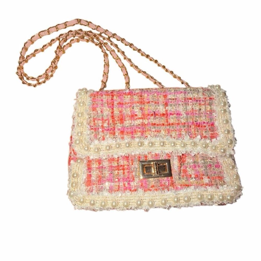 Classic tweed pearl pink shoulder bag purse super cute classic gold closure - Picture 2 of 9